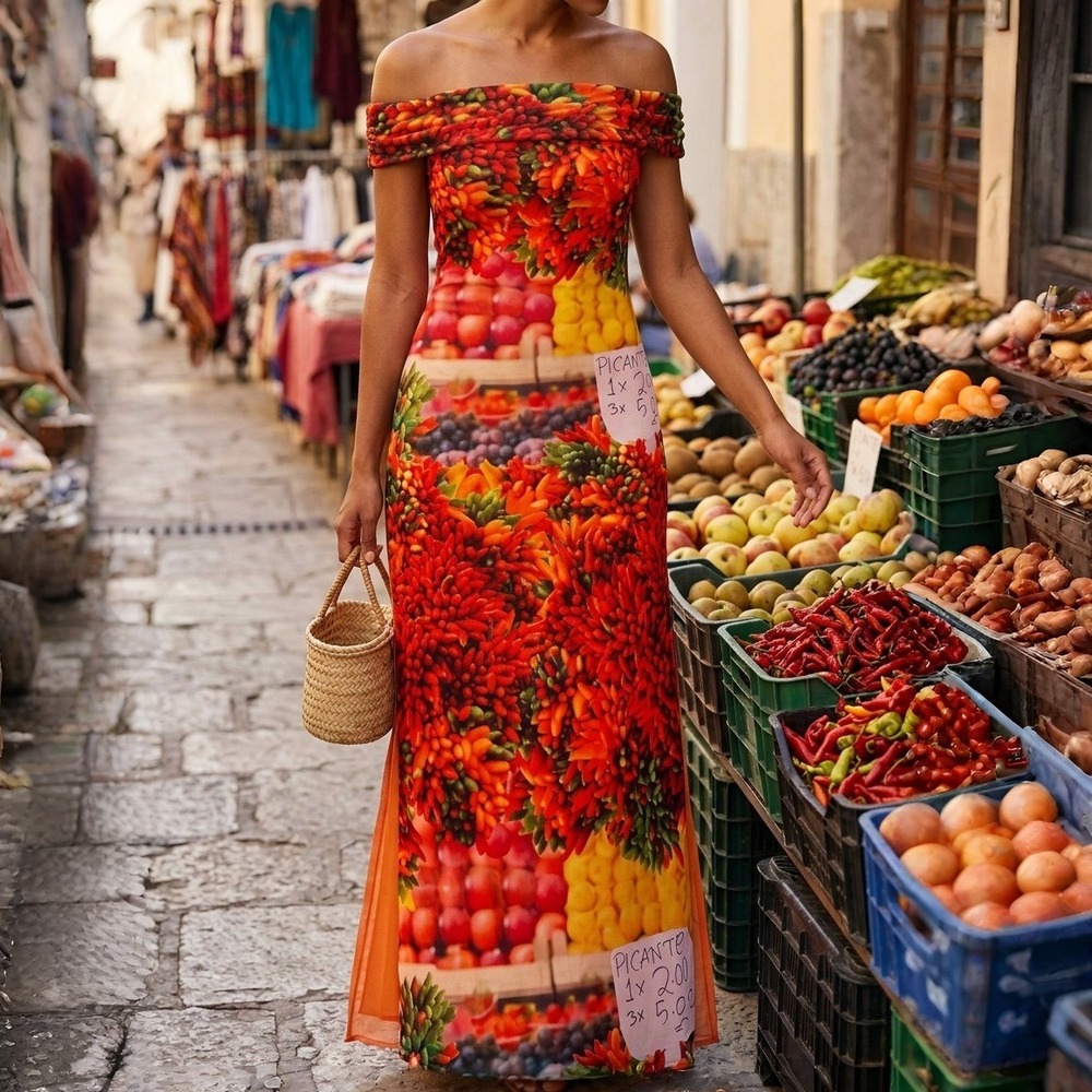 ZARA Picante Market Chili Pepper Print Mesh Tulle Maxi Dress Off Shoulder M